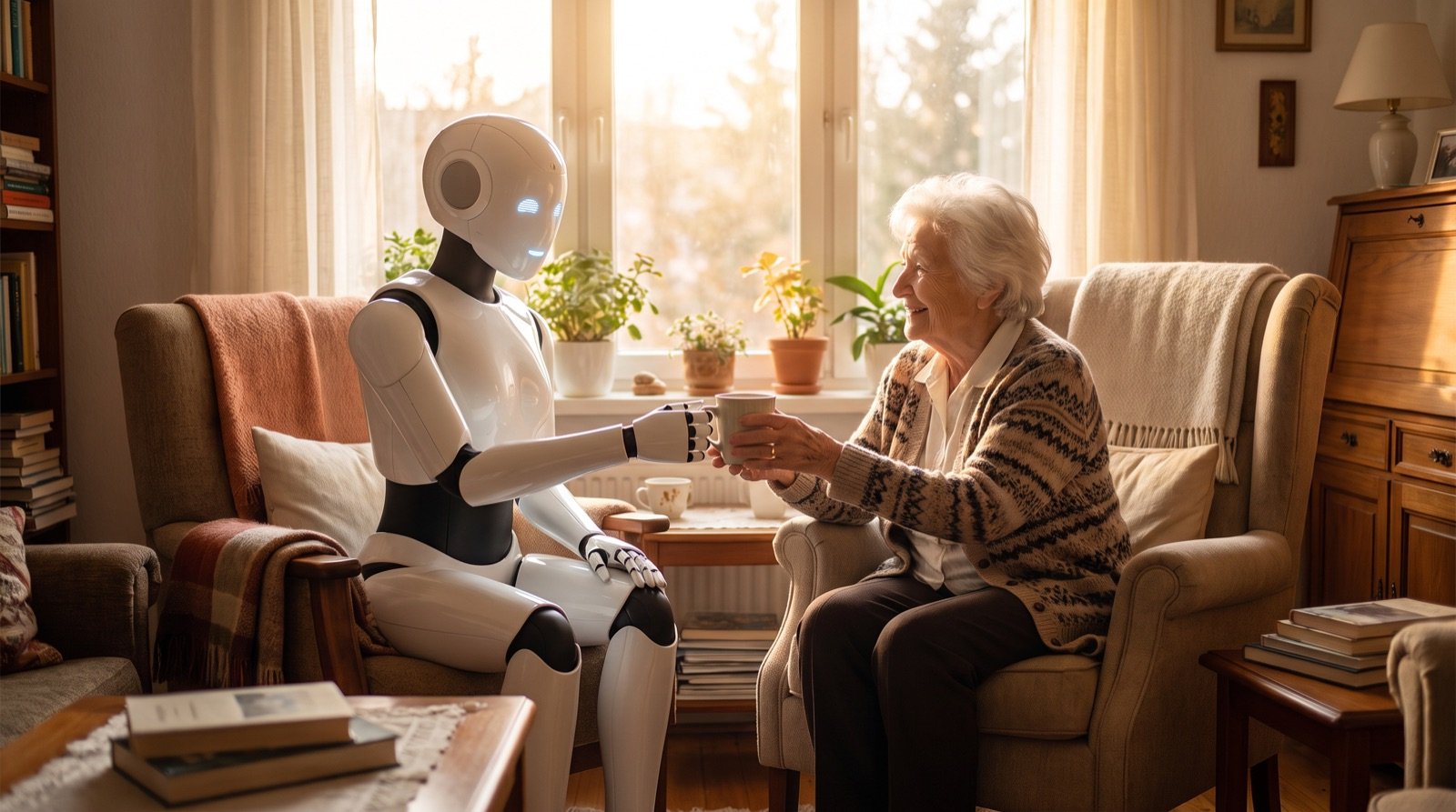 Ein freundlicher humanoider Roboter reicht einer älteren Frau eine Tasse Tee