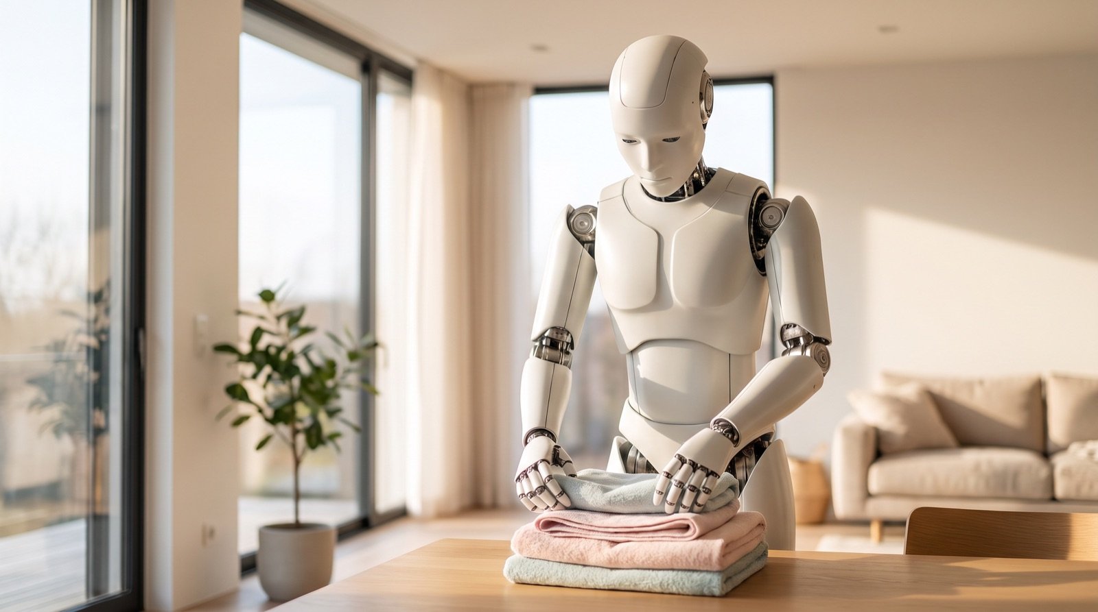 Ein humanoider Roboter faltet Wäsche in einem hellen, modernen Zuhause
