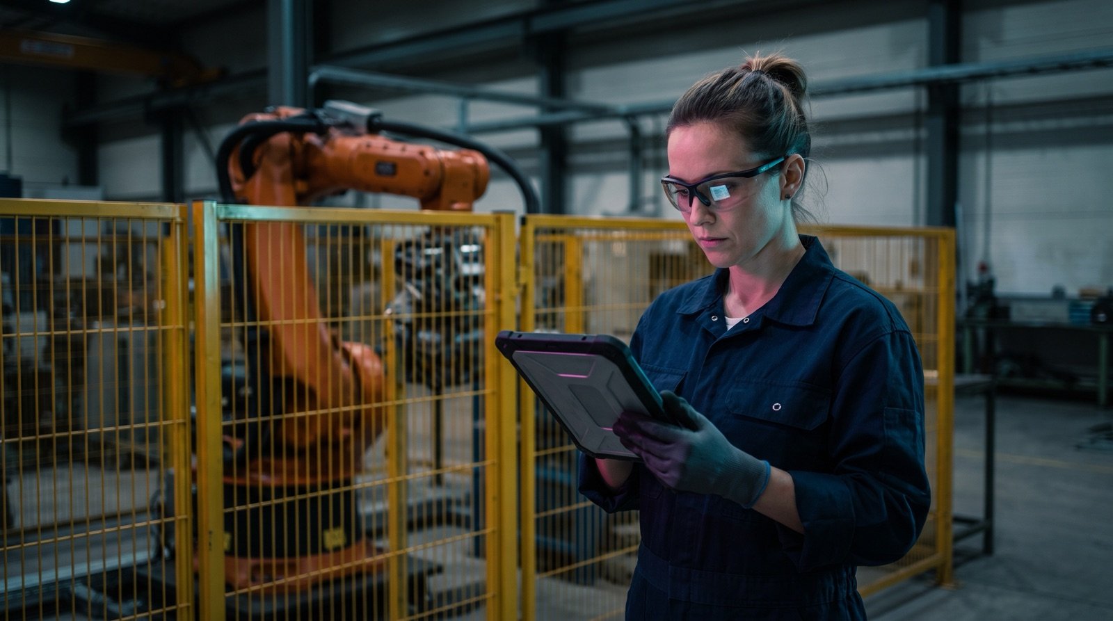 Eine Facharbeiterin richtet an einem Tablet eine Roboterzelle in einer Fabrikhalle ein