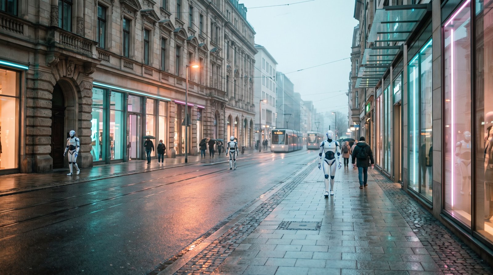 Straßenszene der nahen Zukunft mit humanoiden Robotern zwischen Passanten