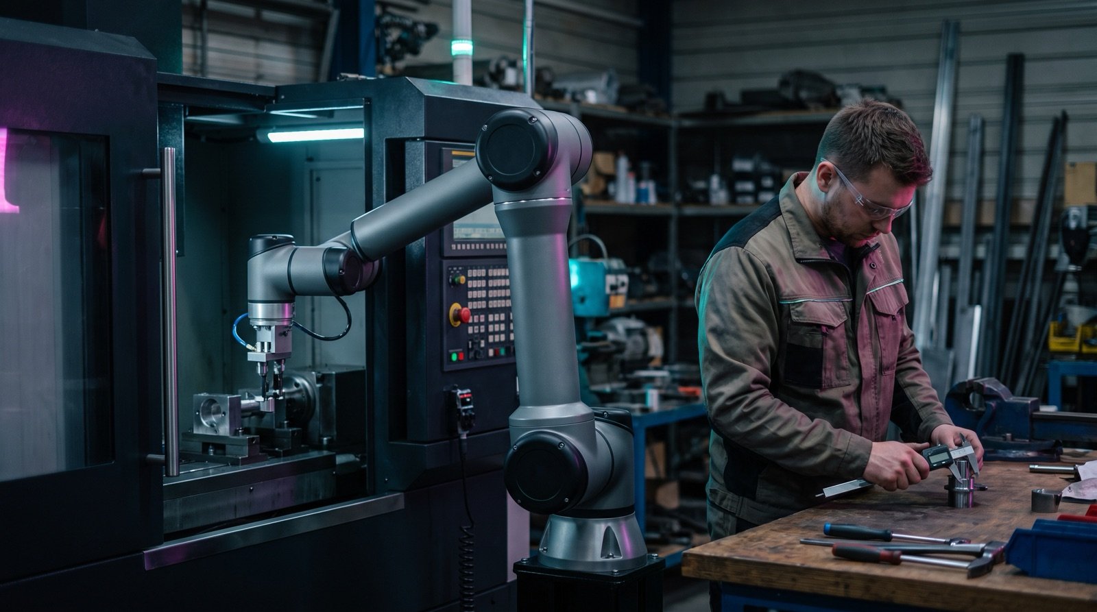 Kollaborativer Roboterarm neben einem Mitarbeiter an einer Werkbank