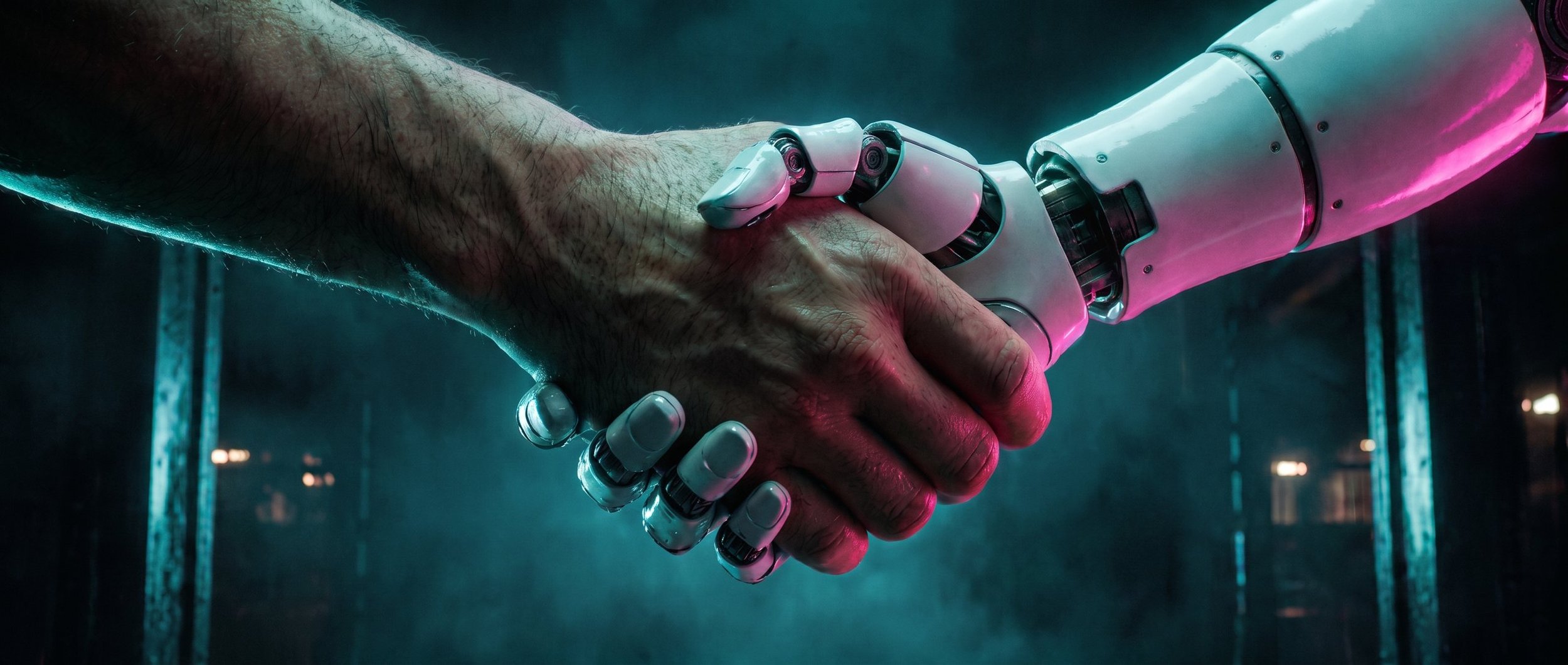 Ein Mensch und ein humanoider Roboter geben sich die Hand