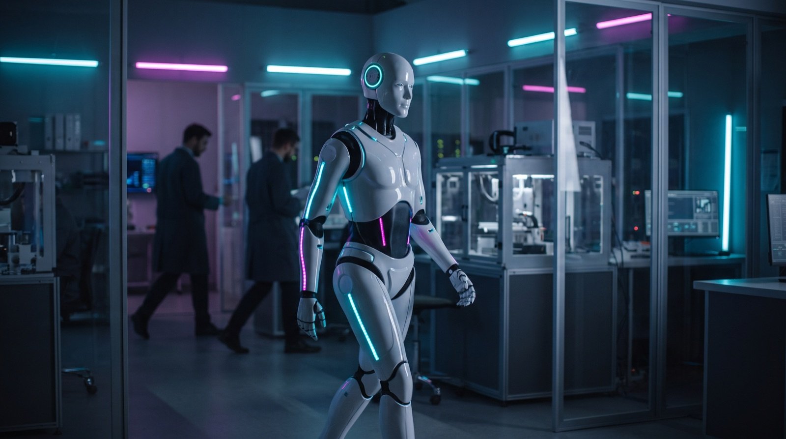 Ein humanoider Roboter geht durch ein modernes Forschungslabor bei Nacht