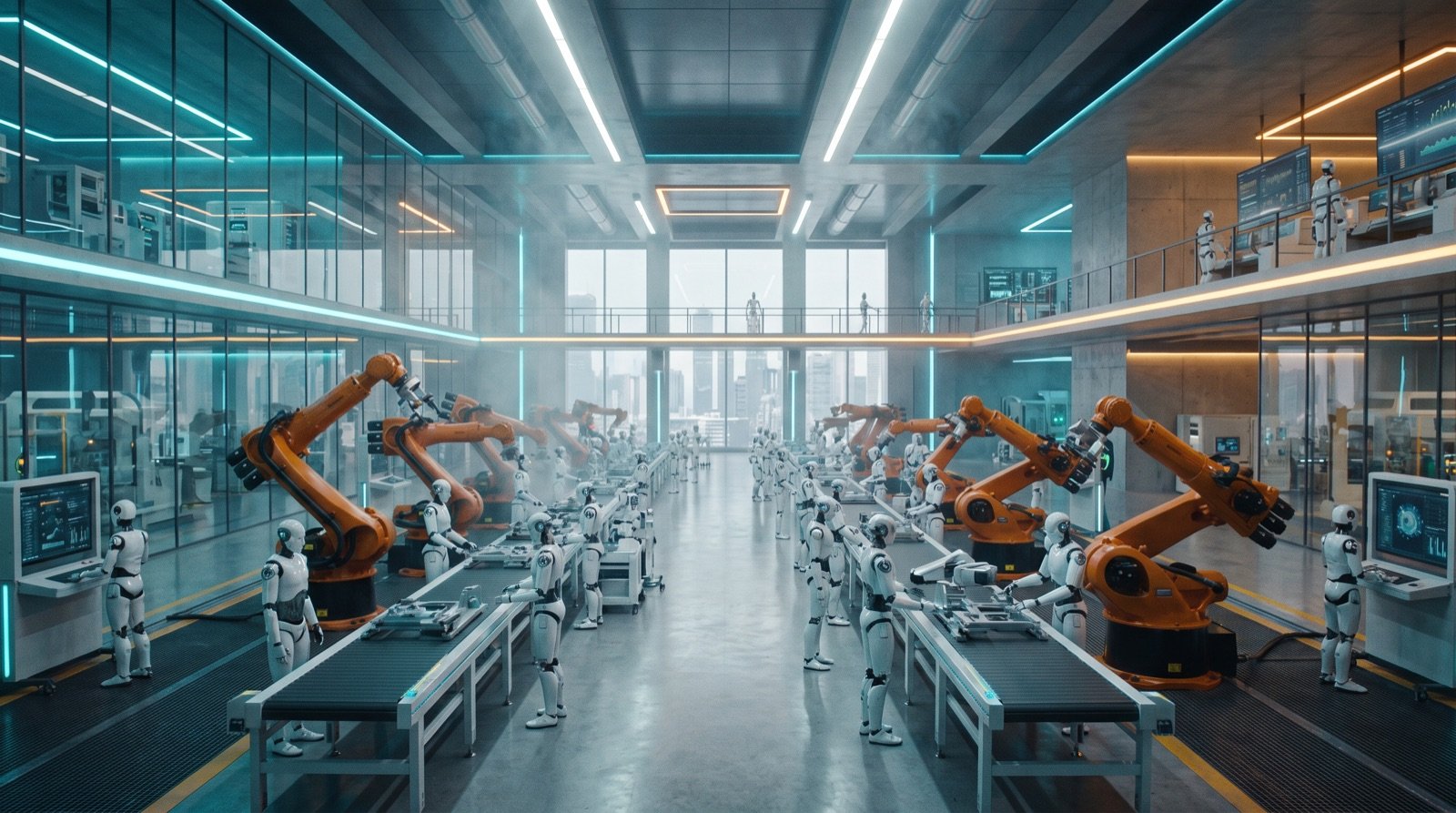 Humanoide Roboter arbeiten neben orangefarbenen Roboterarmen an einer Fertigungslinie in einer Smart Factory