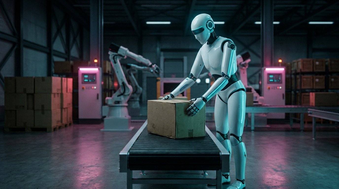 Weißer humanoider Roboter setzt eine Kiste auf ein Förderband in einer dunklen Fabrik