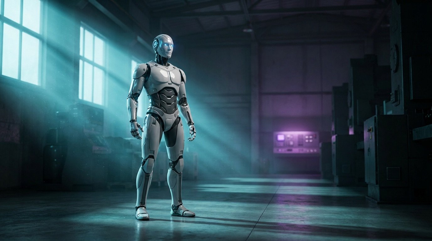 Weißer humanoider Roboter in einer Fabrikhalle