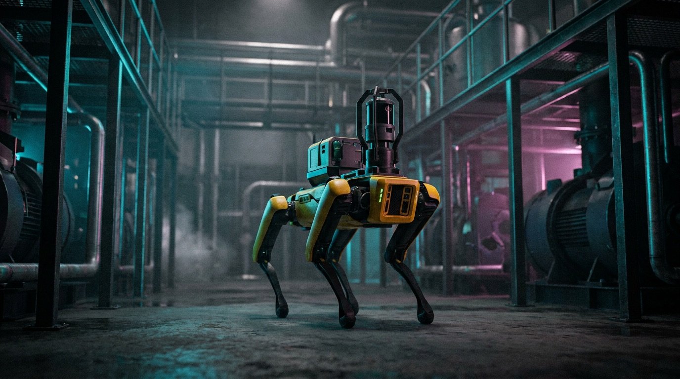 Gelb-schwarzer vierbeiniger Inspektionsroboter läuft durch eine dunkle Industrieanlage mit Rohren