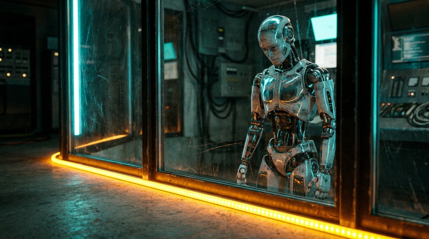 Humanoider Roboter hinter einer Sicherheitsscheibe
